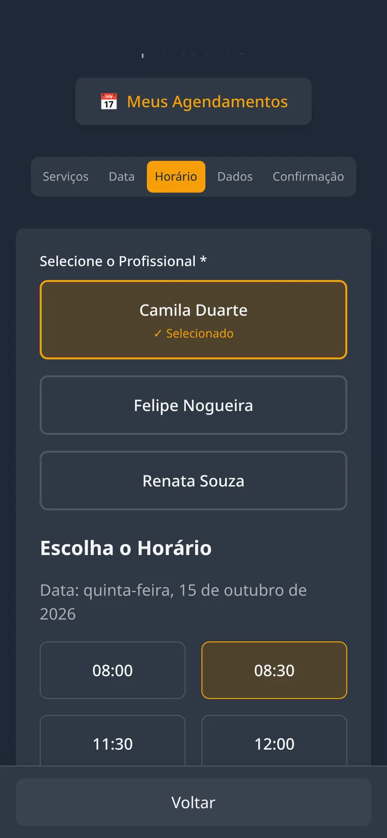 Tela de agendamento: horários livres