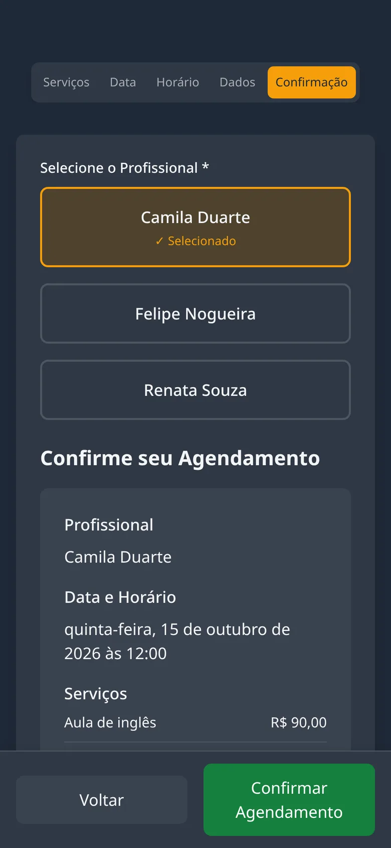 Tela de agendamento: confirmação