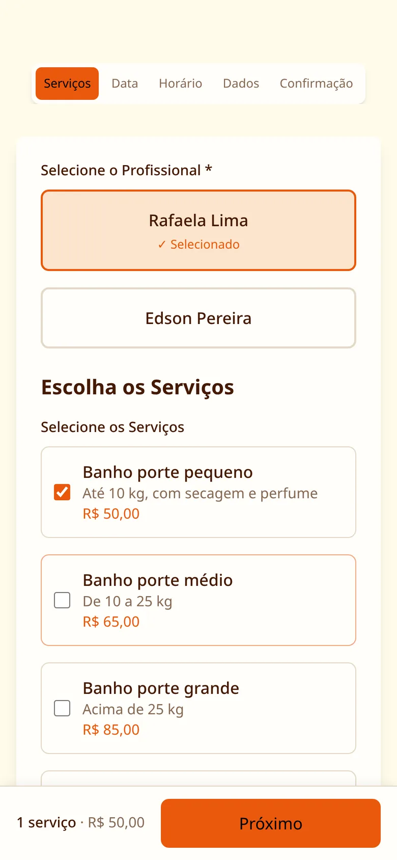 Escolha do profissional e do banho por porte, com preço