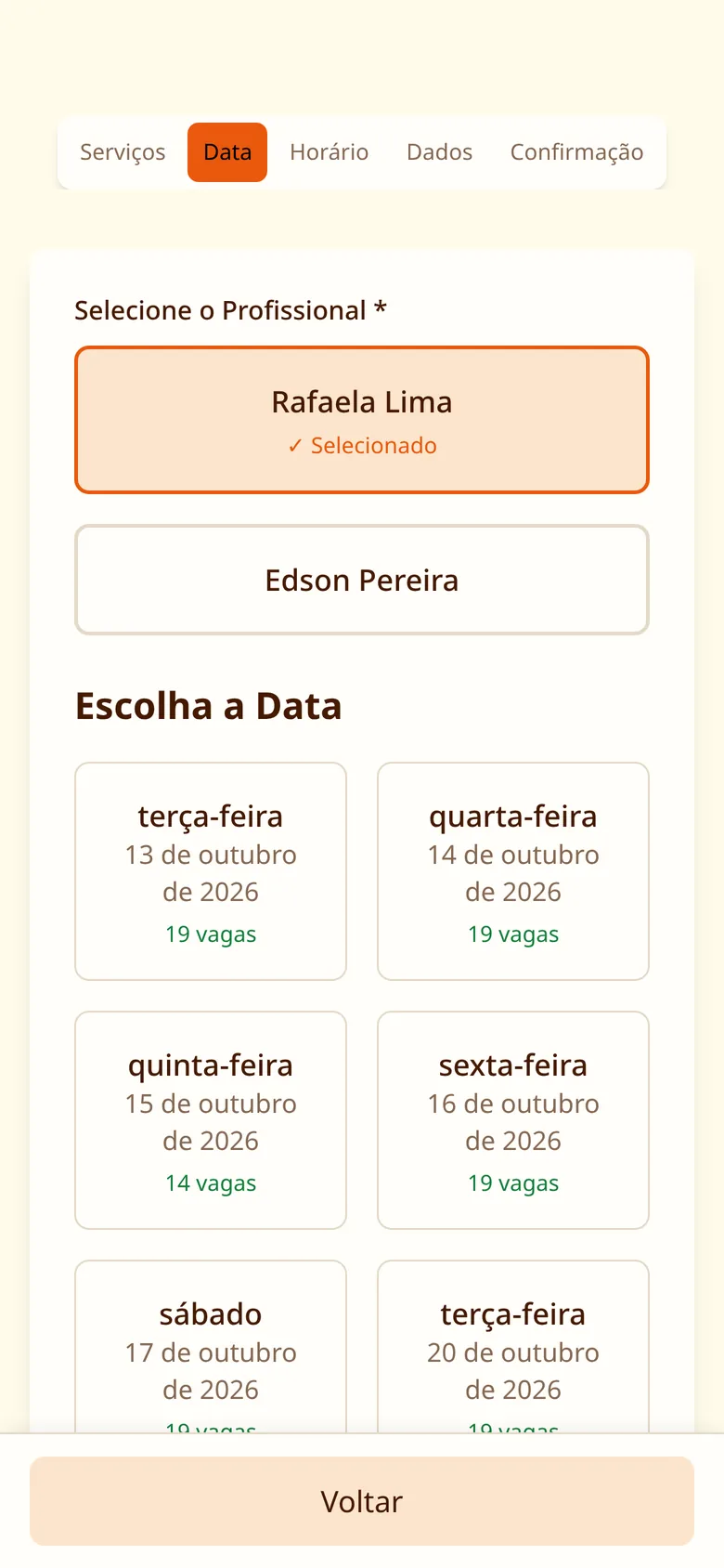 Escolha do dia com vagas disponíveis