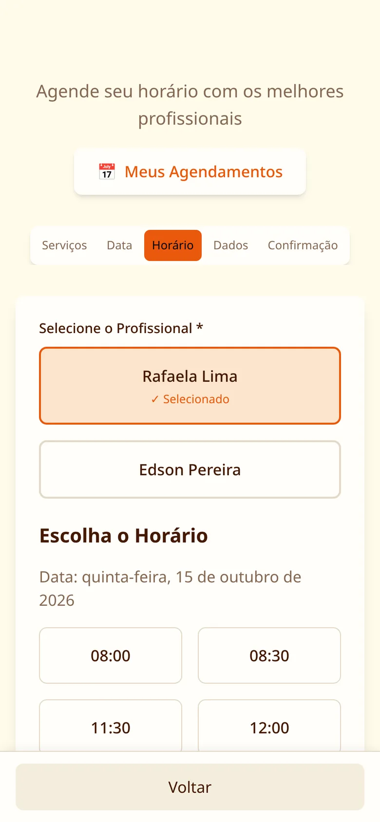 Horários livres do profissional escolhido