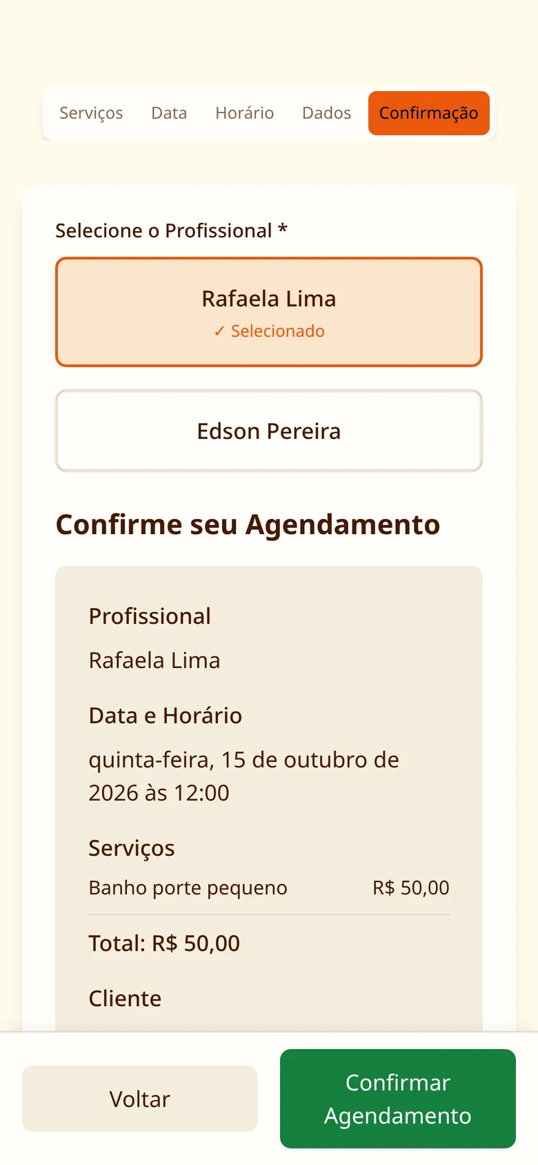 Resumo do agendamento antes de confirmar