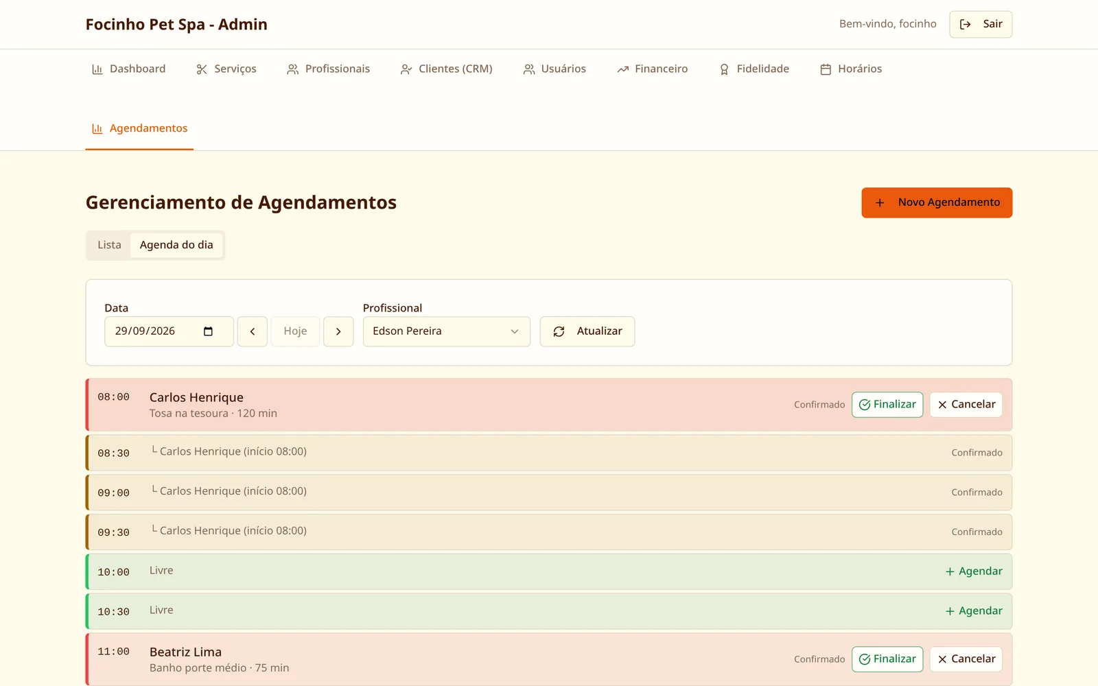 Agenda do dia com os horários de cada cliente