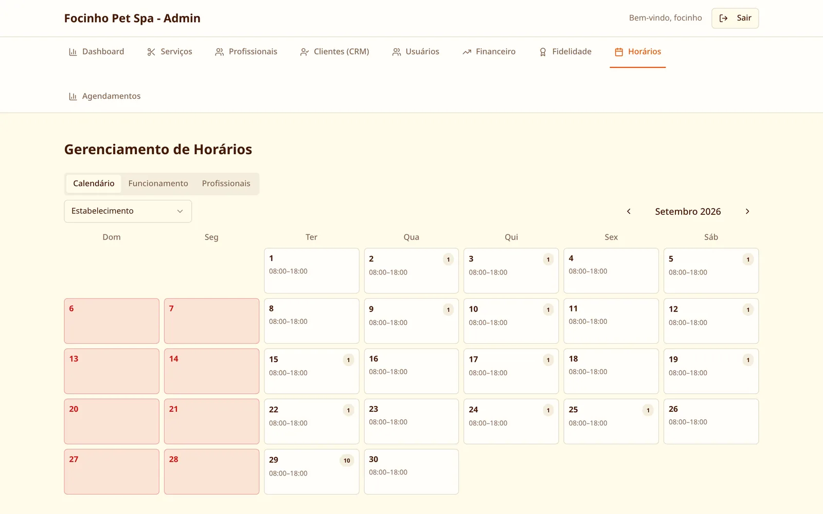 Calendário com horário de funcionamento