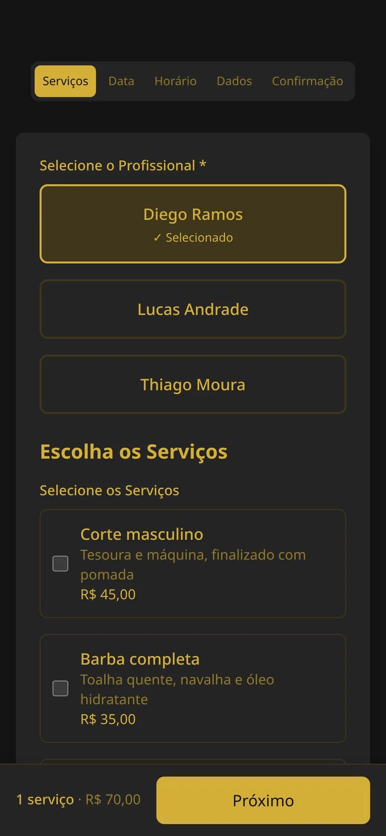 Escolha do barbeiro e dos serviços com preço