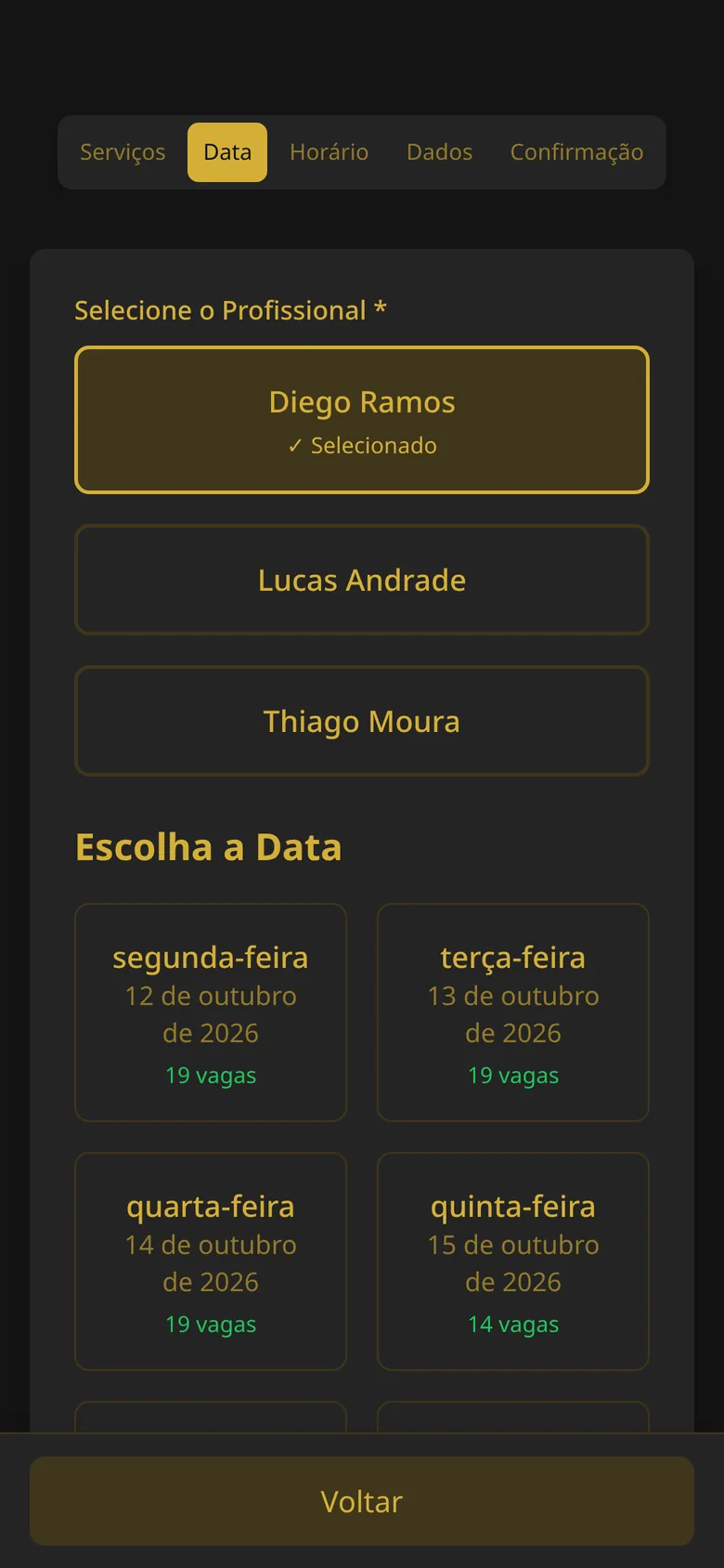 Escolha do dia com vagas disponíveis