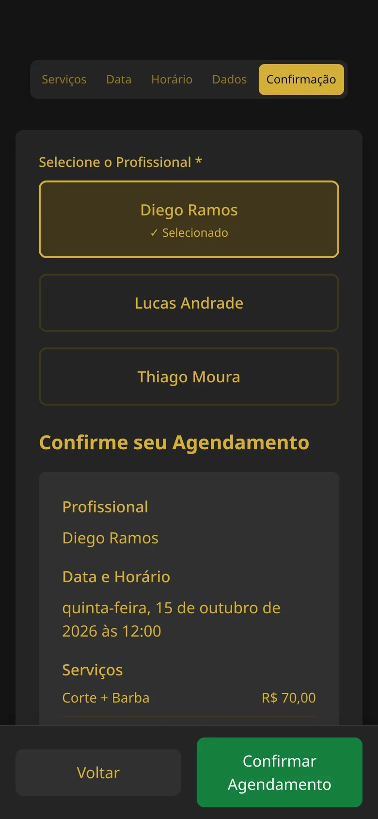 Resumo do agendamento antes de confirmar