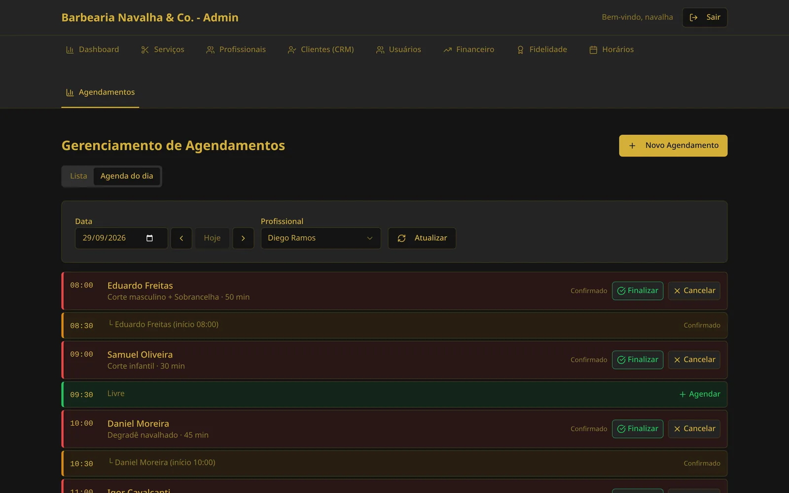 Agenda do dia com os horários de cada cliente