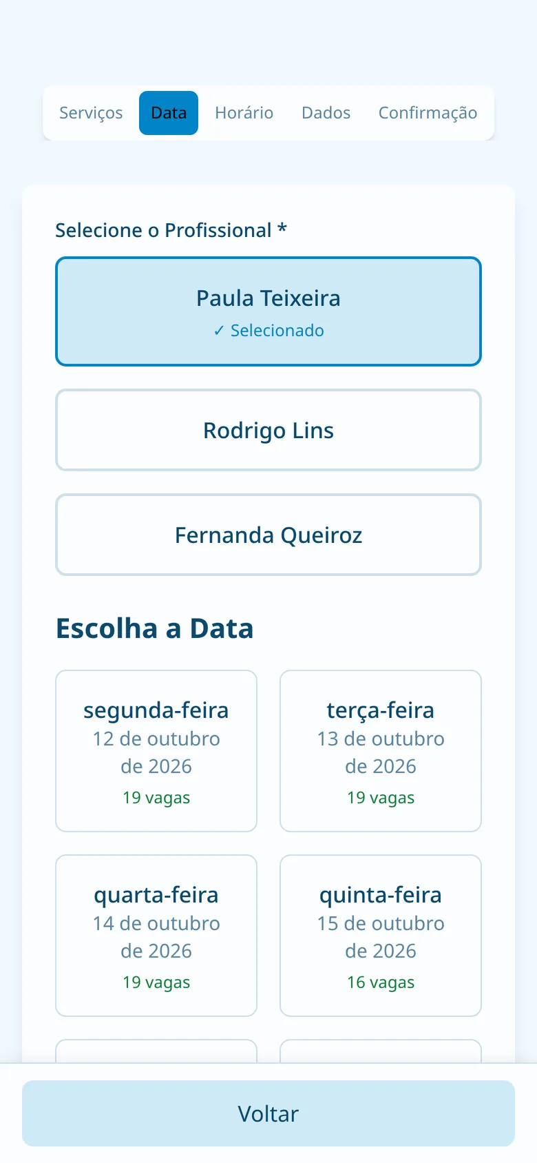 Tela de agendamento: escolha do dia