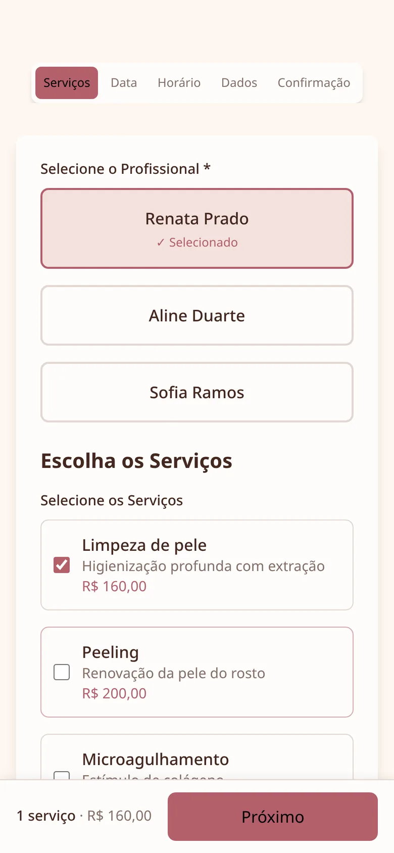 Escolha da profissional e dos procedimentos com preço