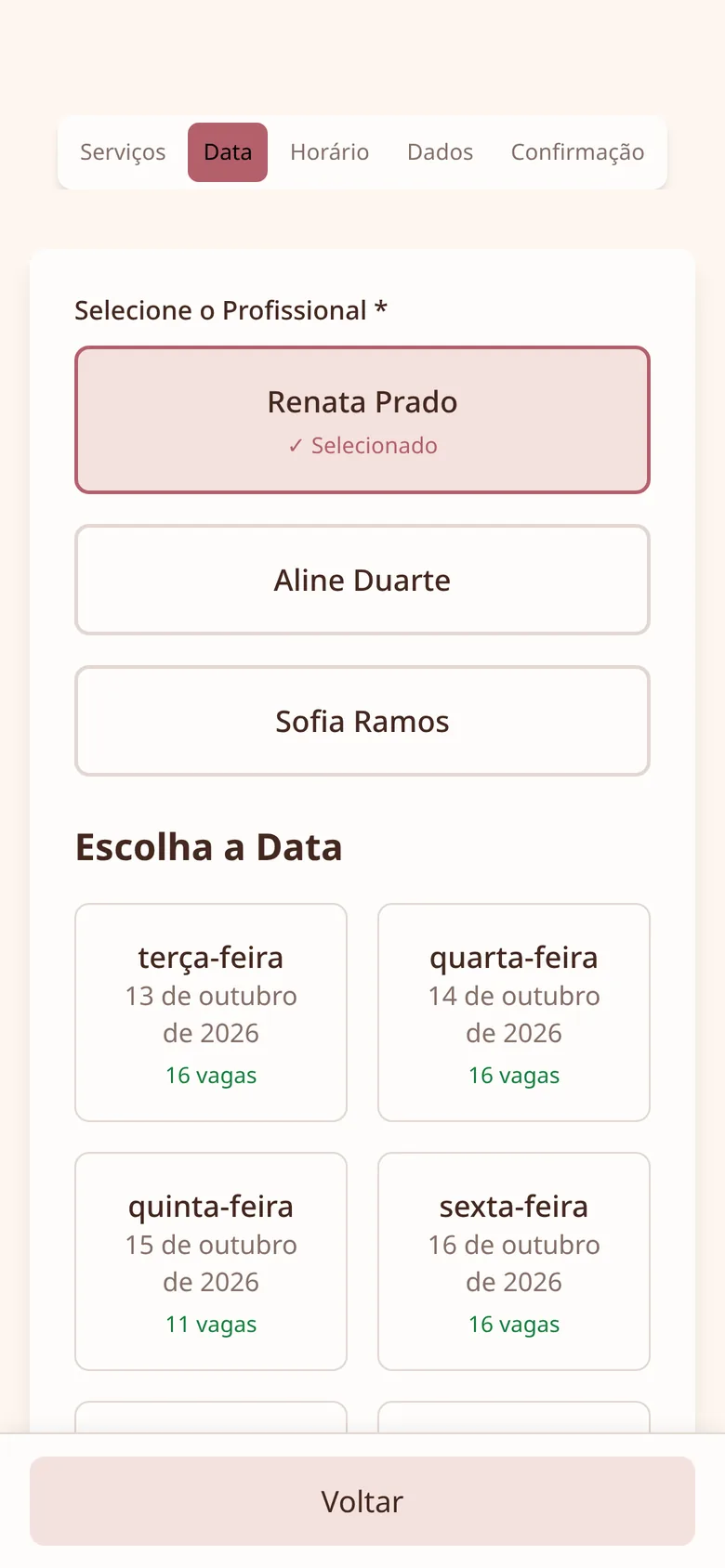 Escolha do dia com vagas disponíveis