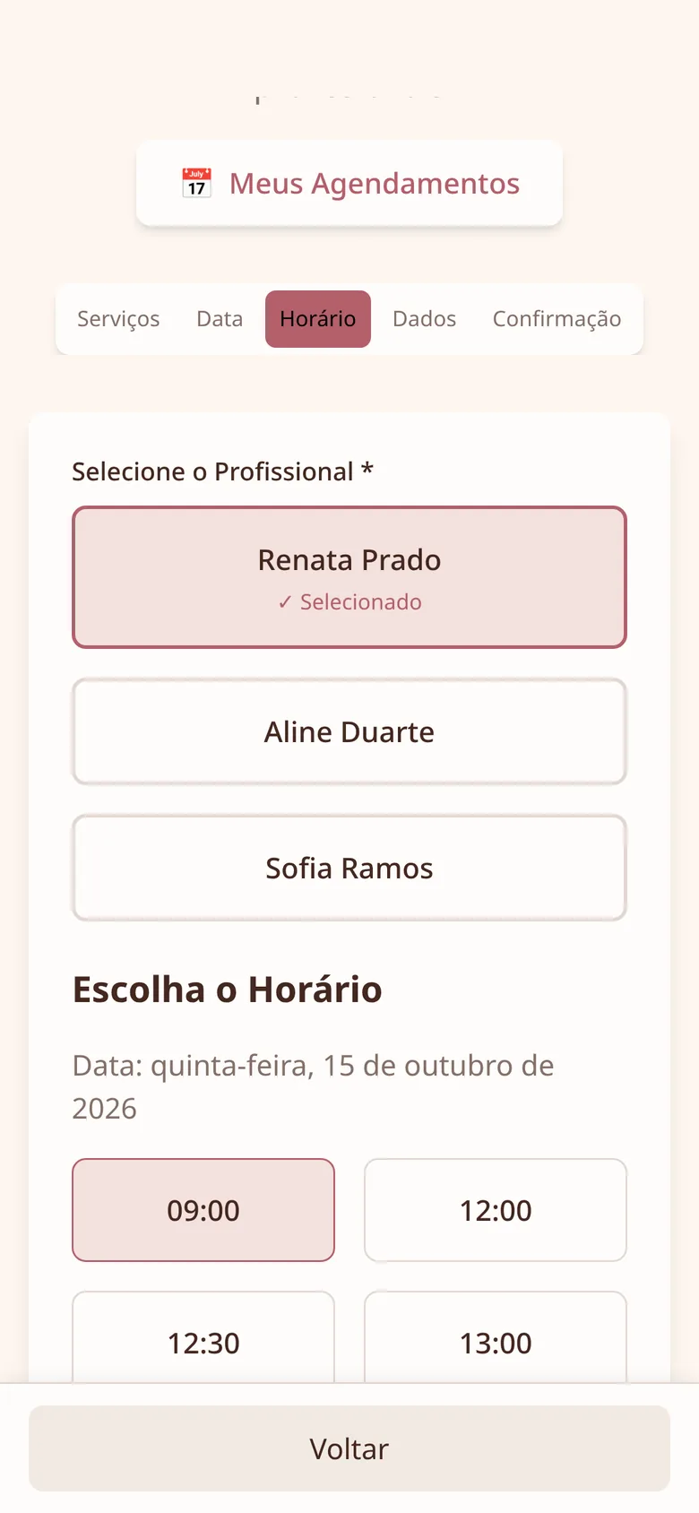 Horários livres da profissional escolhida