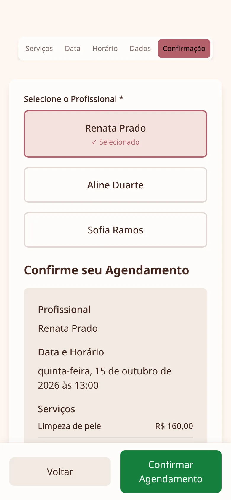 Resumo do agendamento antes de confirmar