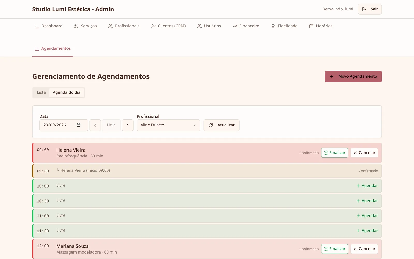 Agenda do dia com os horários de cada cliente