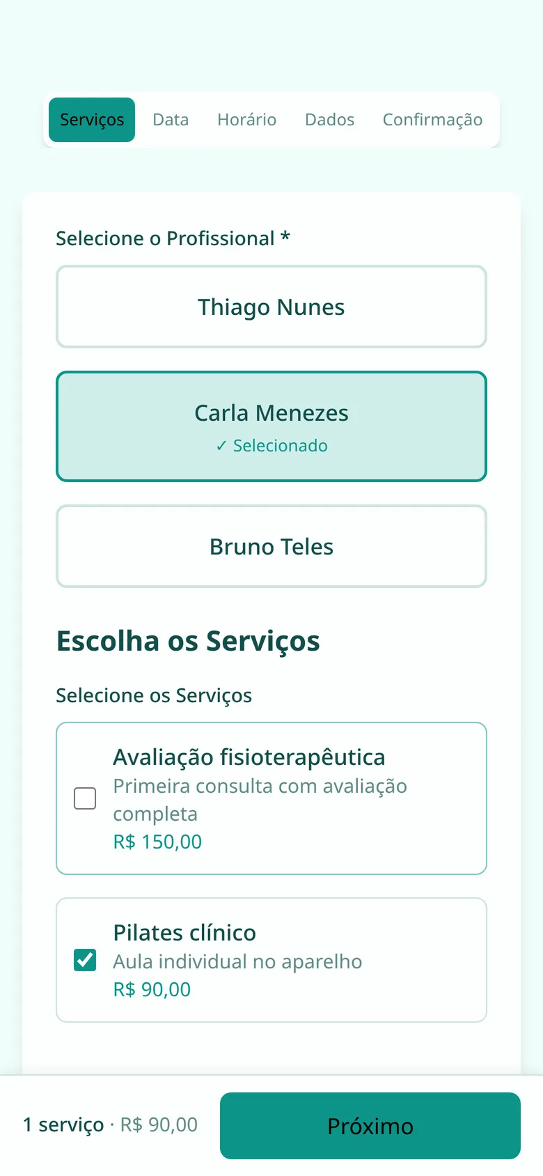 Escolha do fisioterapeuta e da sessão com preço