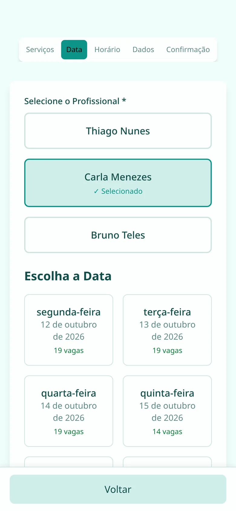 Escolha do dia com vagas disponíveis