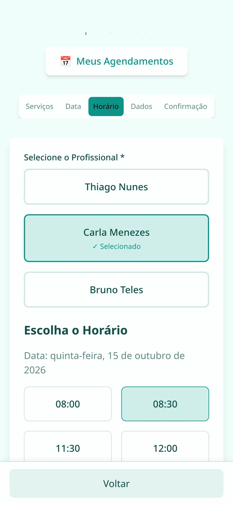 Horários livres do profissional escolhido