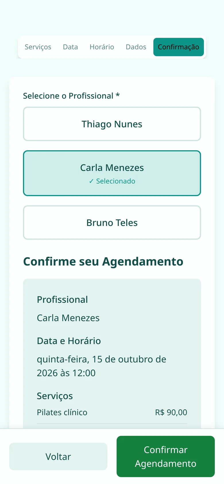 Resumo do agendamento antes de confirmar