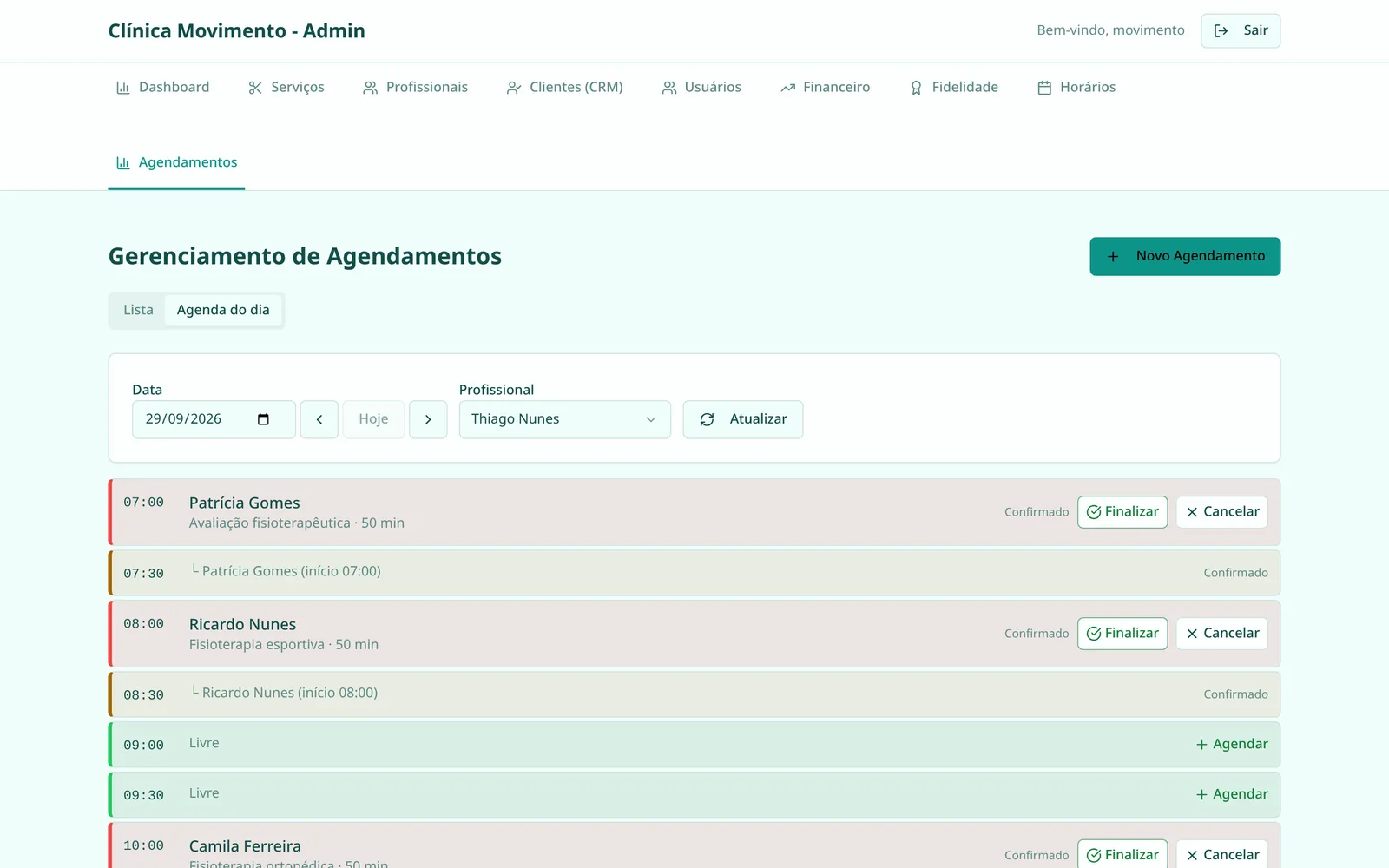Agenda do dia com os horários de cada cliente