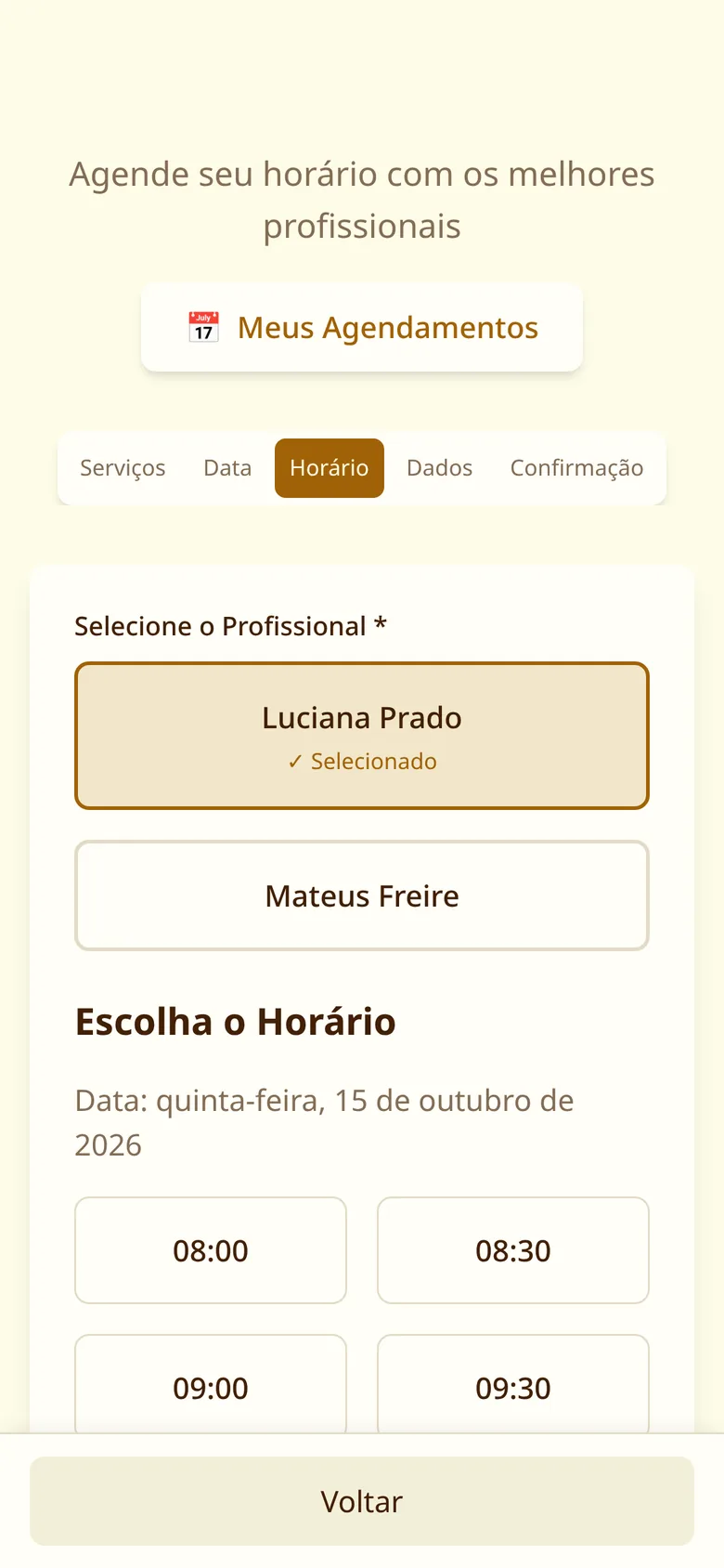 Horários livres do profissional escolhido