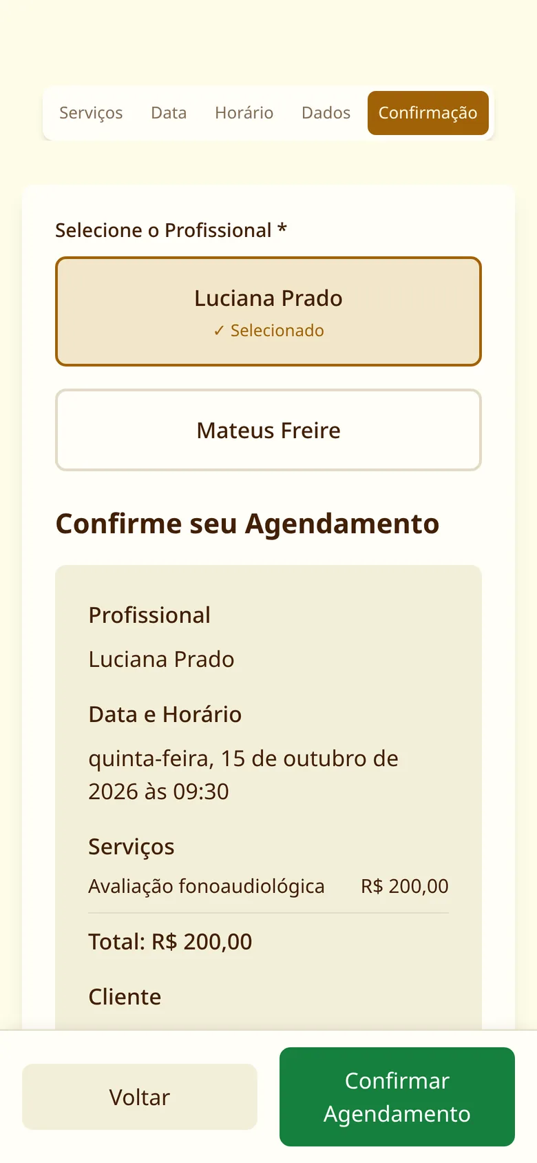 Resumo do agendamento antes de confirmar