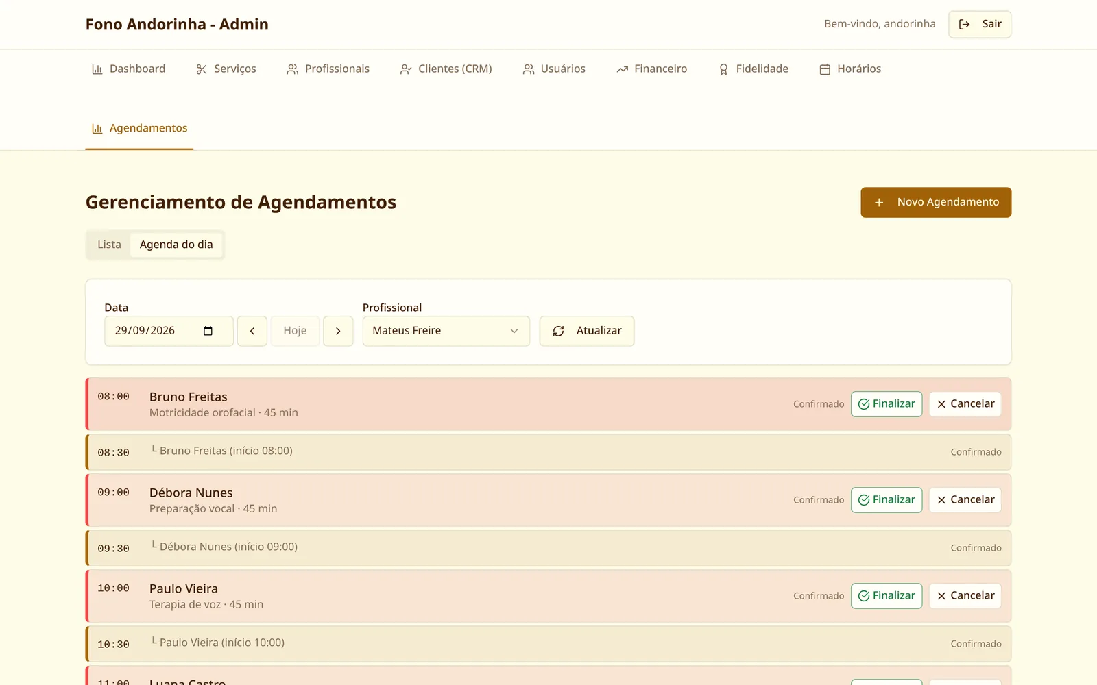 Agenda do dia com os horários de cada cliente