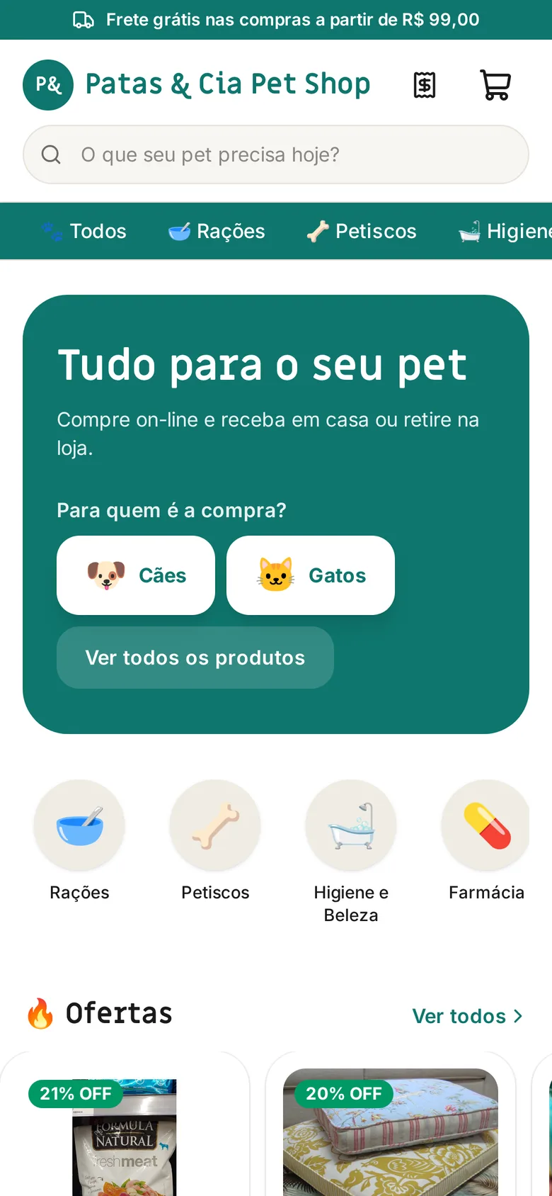 Página inicial da loja com escolha por pet e categorias