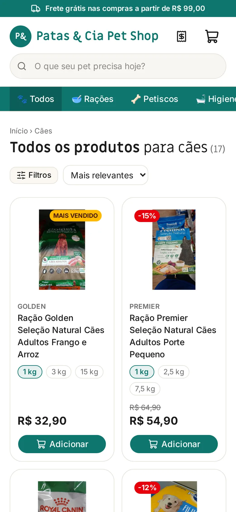 Lista de produtos com filtros
