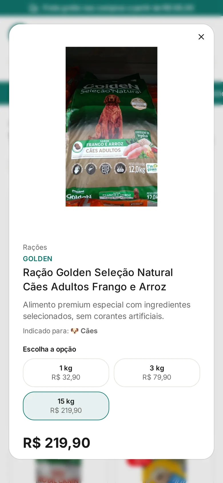 Detalhe do produto com as opções de tamanho