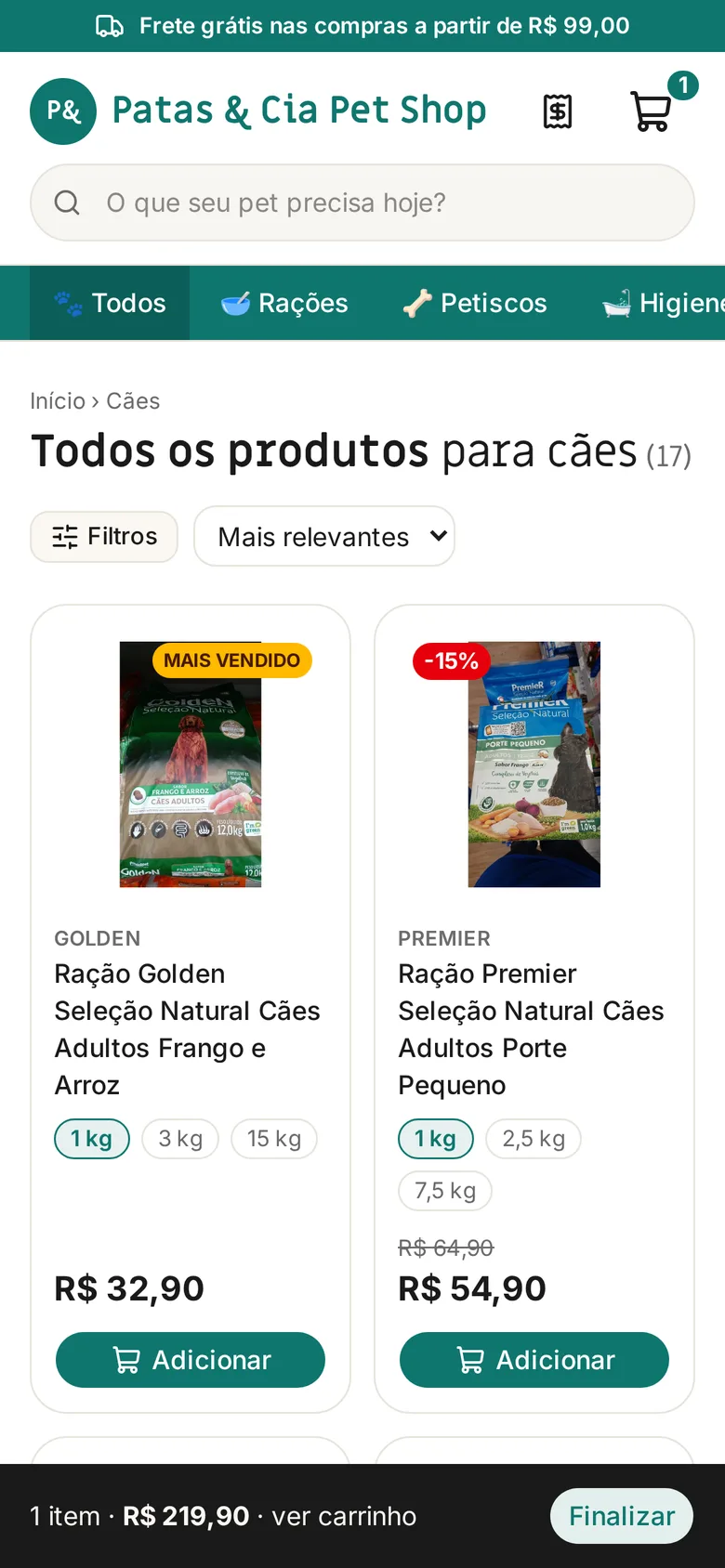 Carrinho visível na parte de baixo da tela