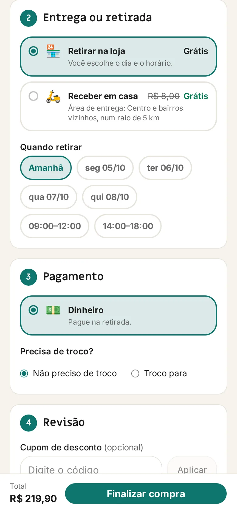 Checkout com entrega ou retirada e horário