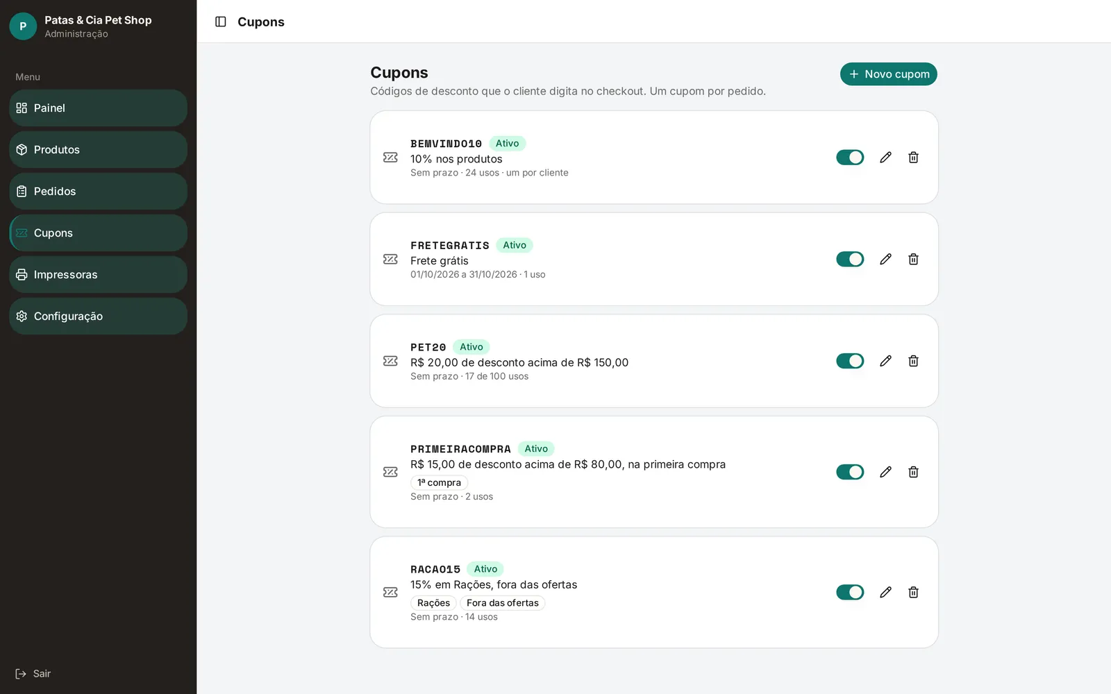 Cupons de desconto com as regras de cada um