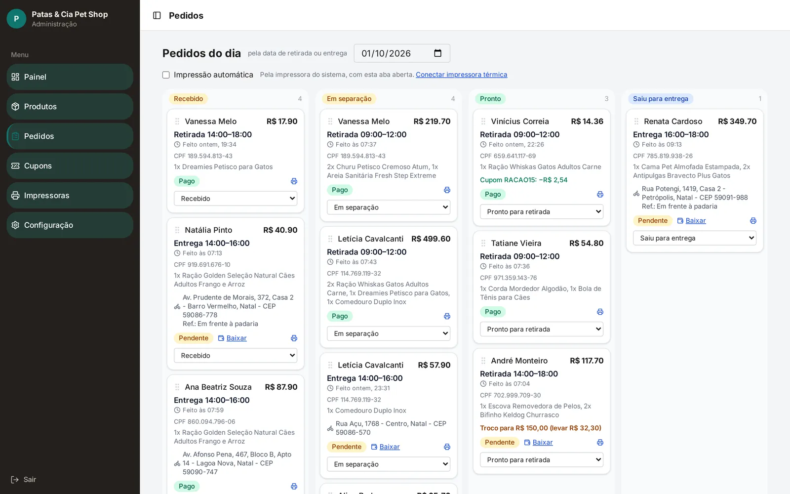 Pedidos do dia organizados por etapa