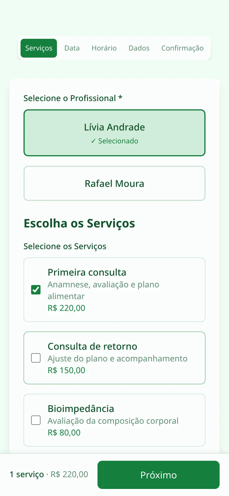 Escolha da nutricionista e da consulta com preço