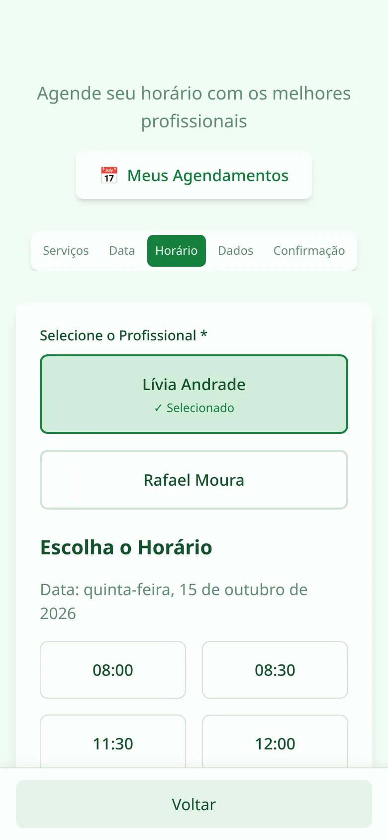 Horários livres da profissional escolhida