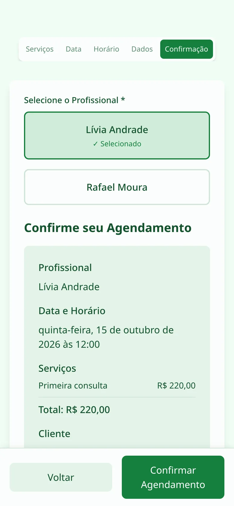 Resumo do agendamento antes de confirmar