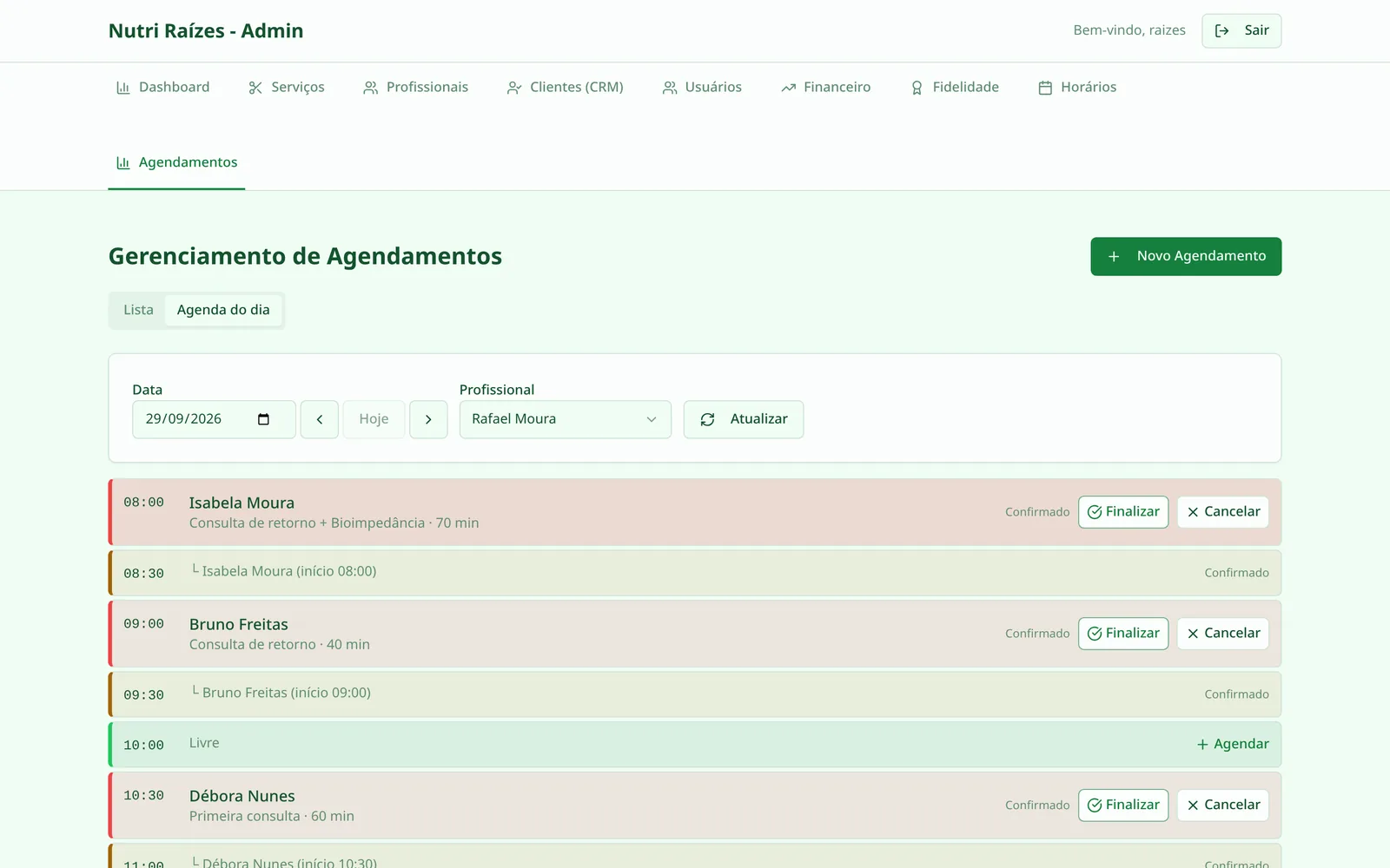 Agenda do dia com os horários de cada cliente