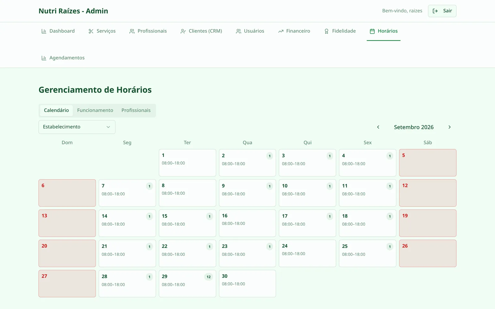 Calendário com horário de funcionamento