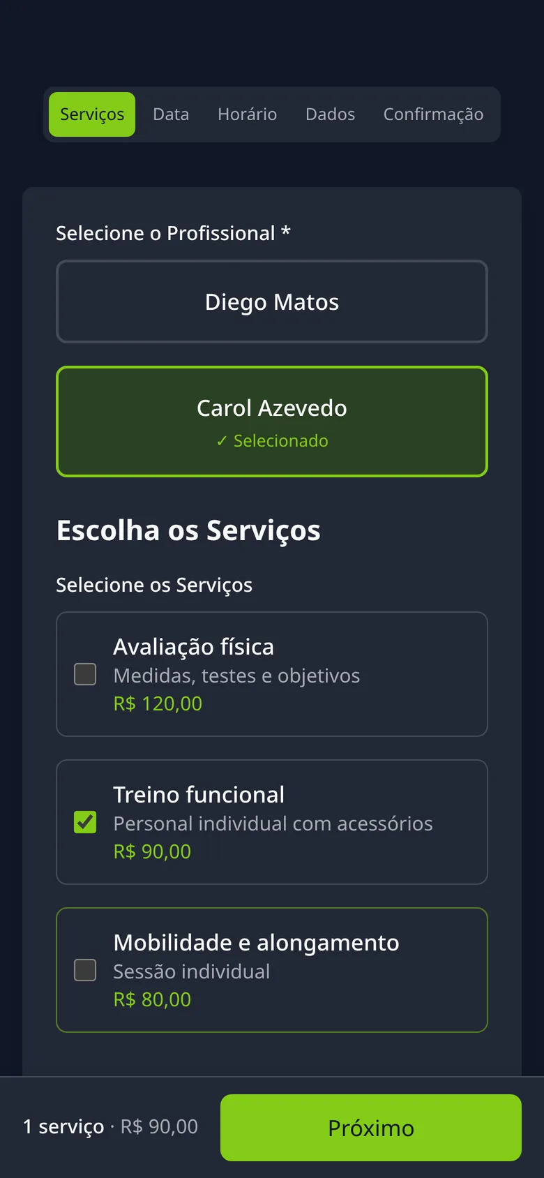 Escolha do profissional e os treinos com preço