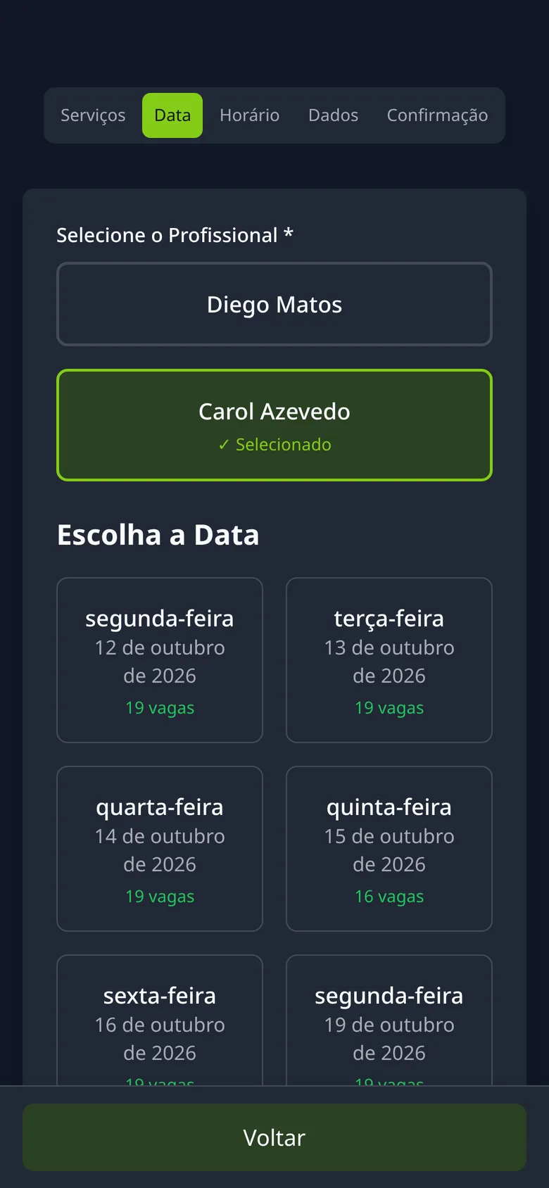 Escolha do dia com vagas disponíveis