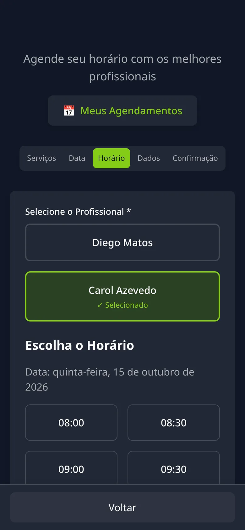 Horários livres do profissional escolhido