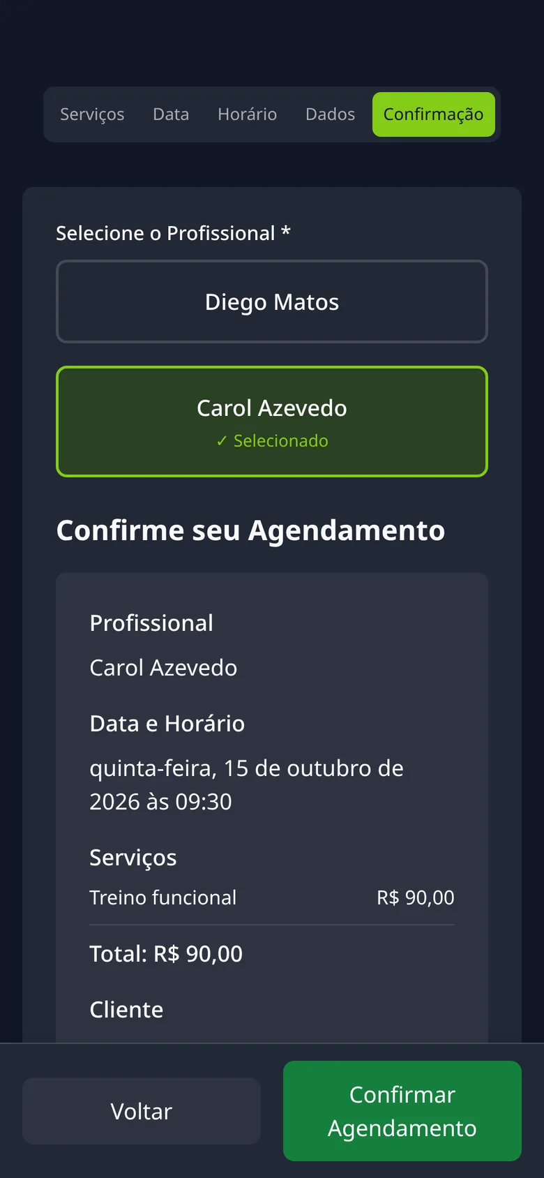 Resumo do agendamento antes de confirmar