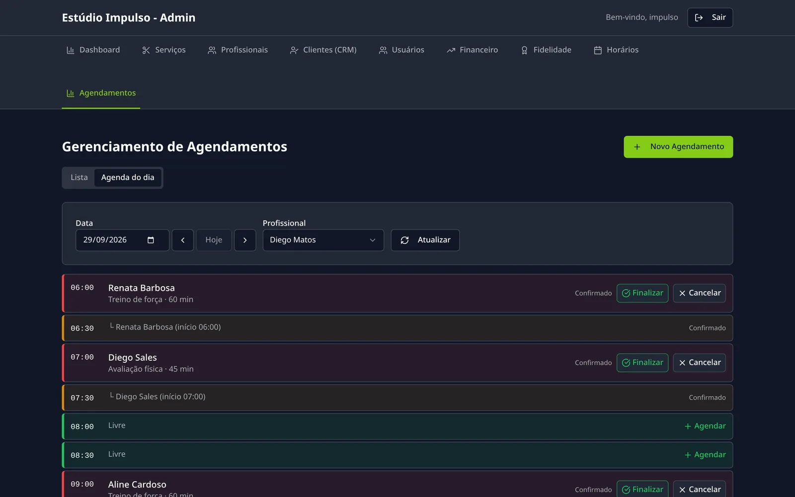 Agenda do dia com os horários de cada cliente