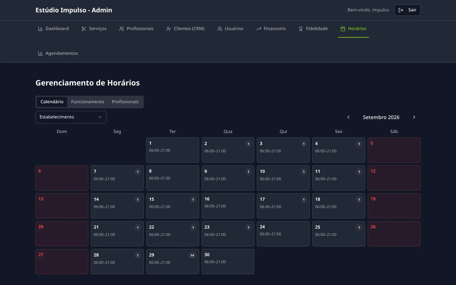 Calendário com horário de funcionamento