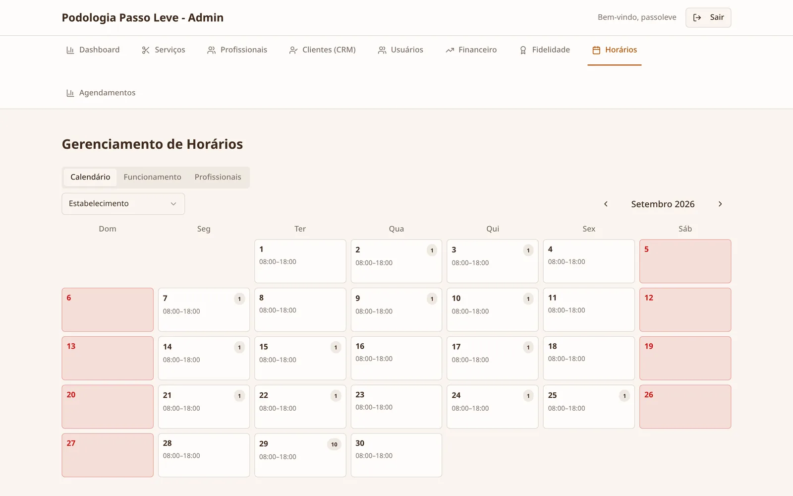 Calendário com horário de funcionamento