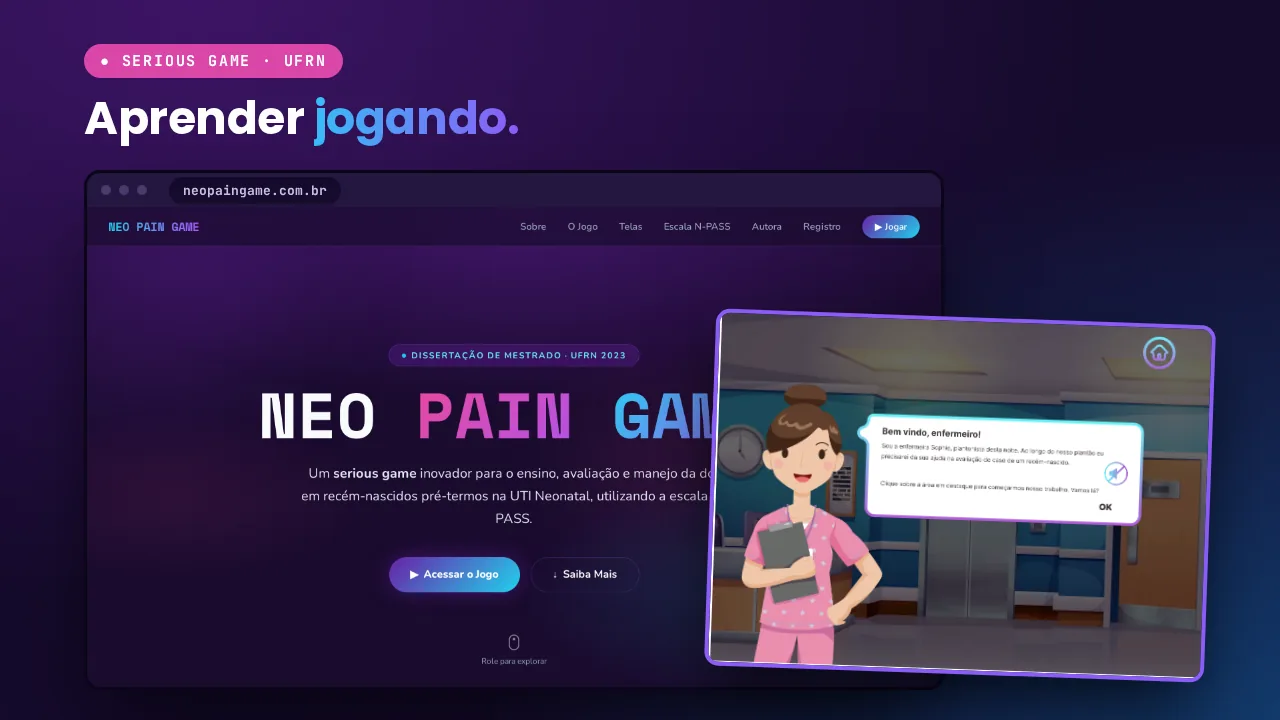 Site do Neo Pain Game e a tela de boas-vindas do jogo, com a enfermeira Sophie