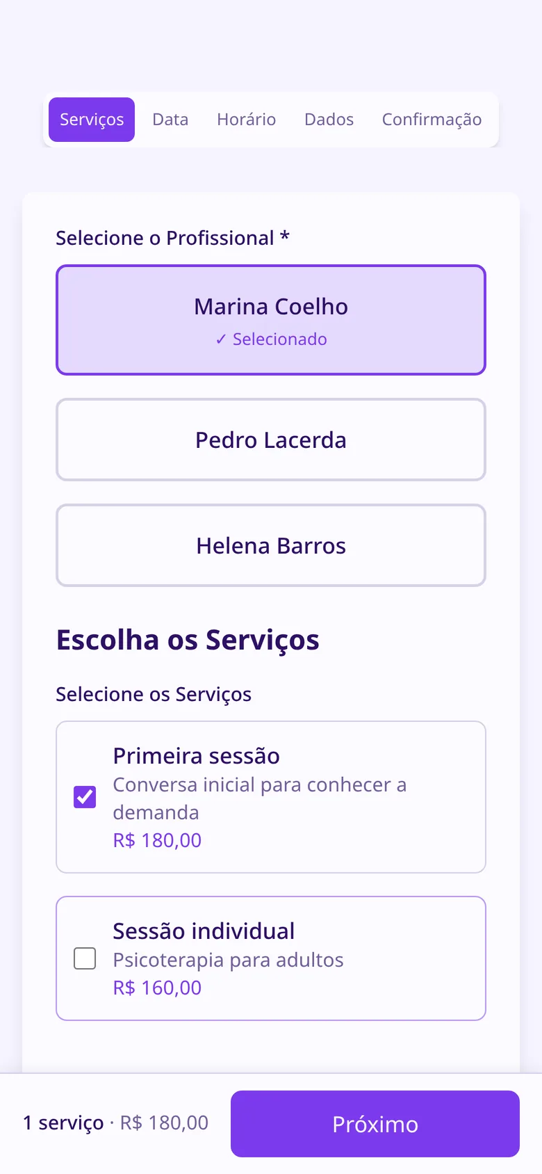 Escolha da psicóloga e do tipo de sessão com preço