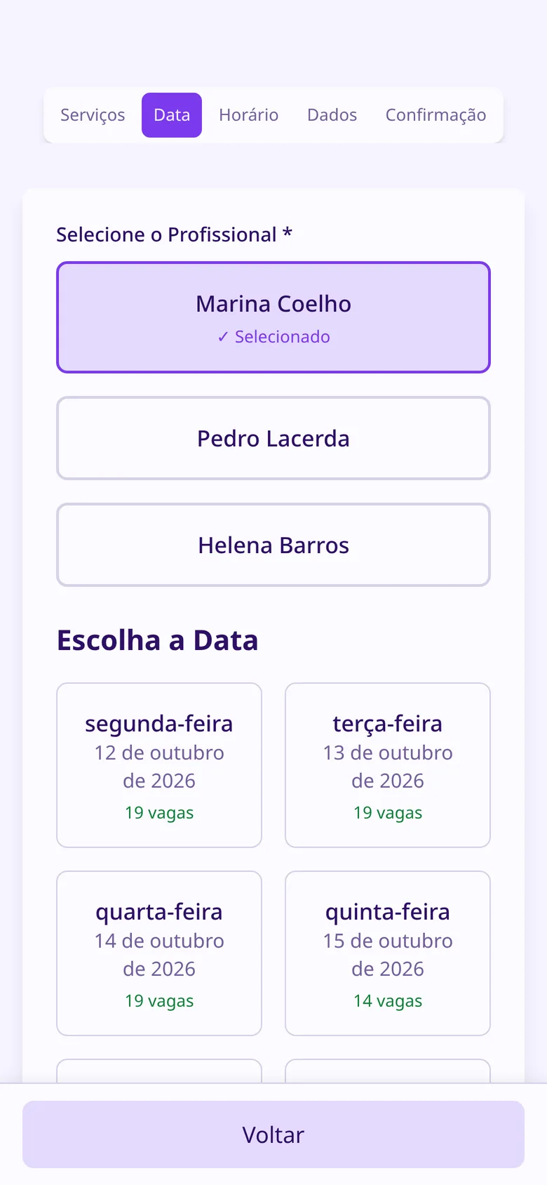 Escolha do dia com vagas disponíveis