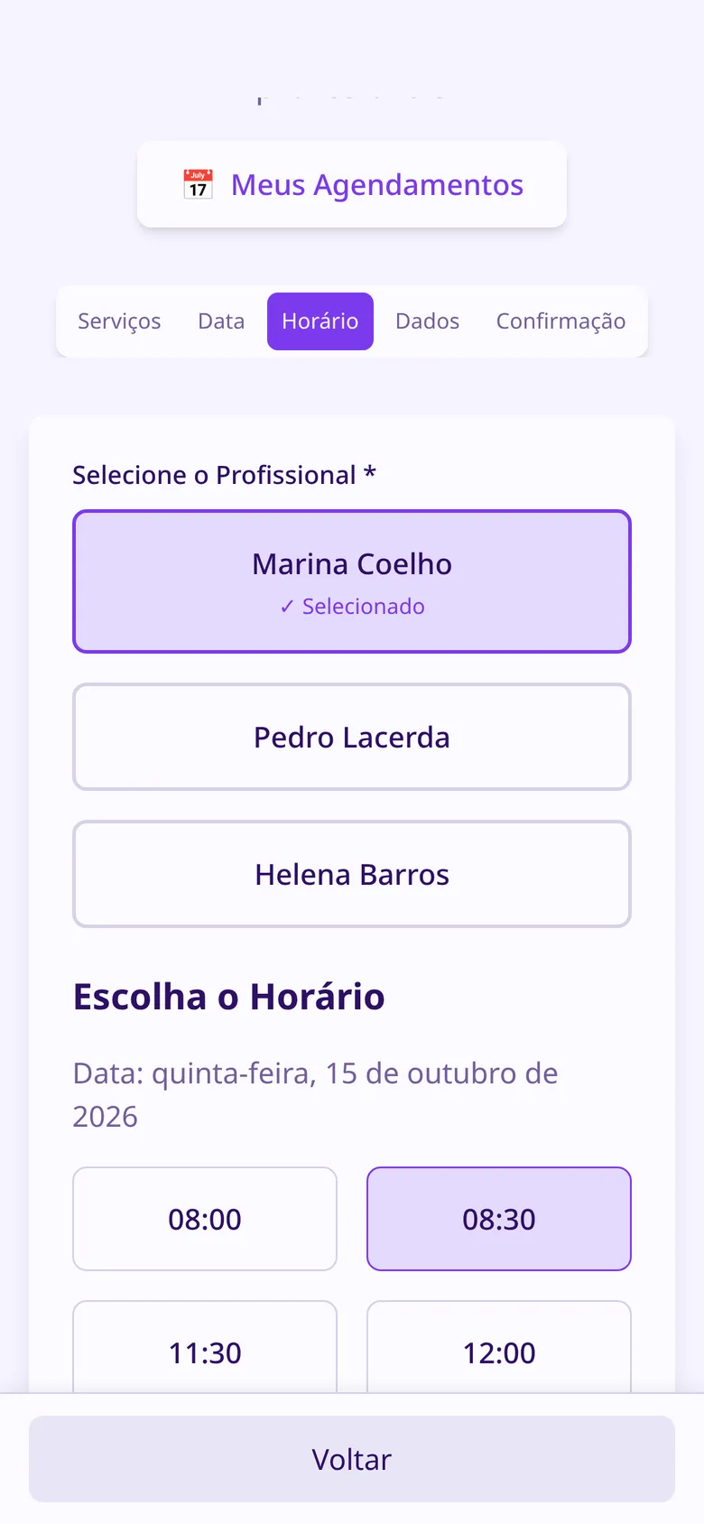 Horários livres da psicóloga escolhida