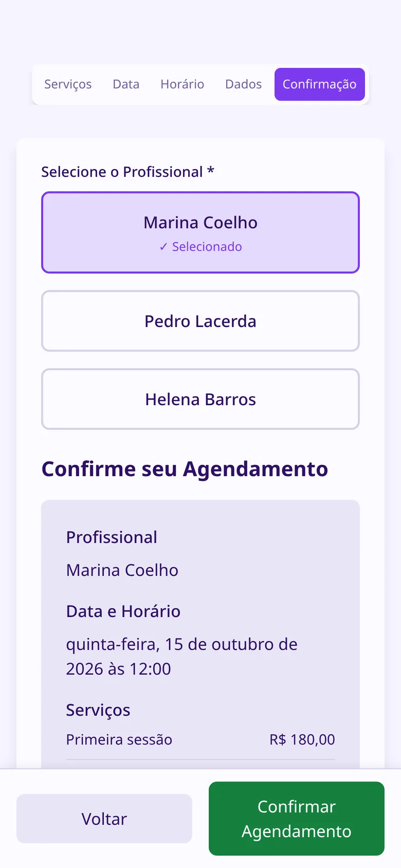 Resumo do agendamento antes de confirmar